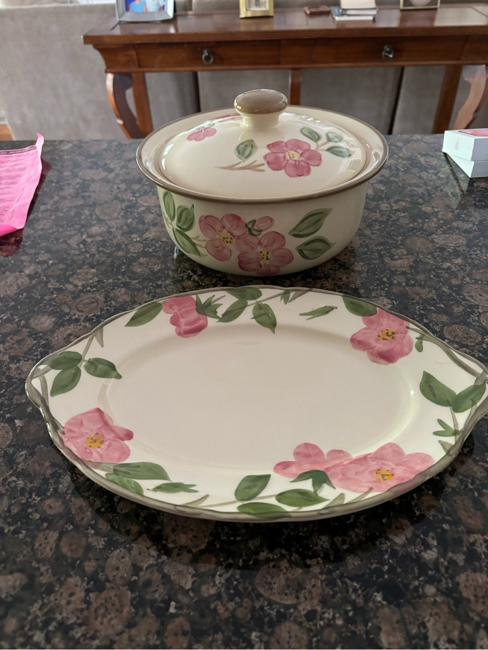 Floral Ceramic Serving Bowl and Platter - Pink Flower Pattern Franciscan Desert